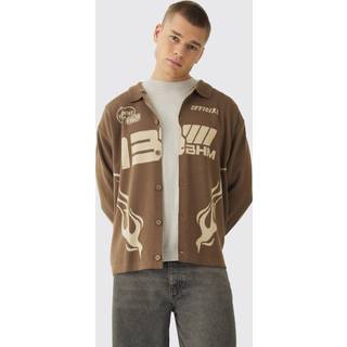 Mens Taupe Oversized Boxy Long Sleeve Moto Knitted Overshirt