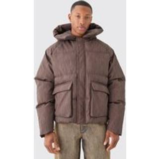 Mens Oversized Boxy Washed Pu Hooded Puffer Coat In Brown