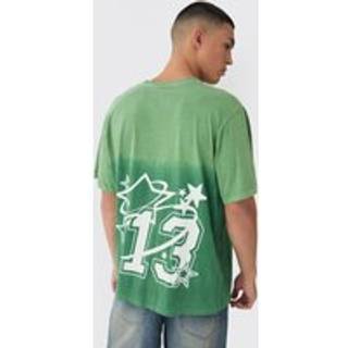 Mens Green Regular Fit Washed 13 Star Printed T-Shirt