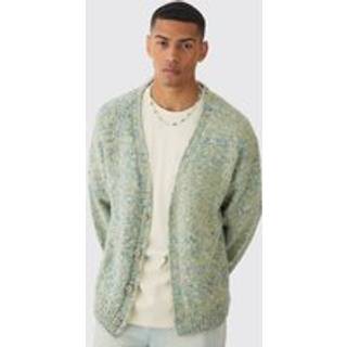 Mens Khaki Oversized Textured Brushed Knitted Cardigan