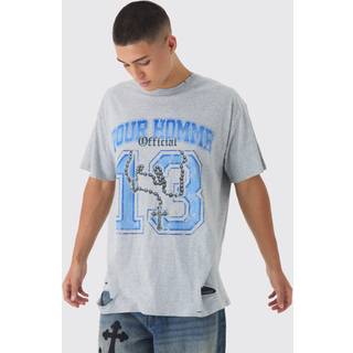 Mens Light Grey Oversized Varsity Print Distressed T-Shirt