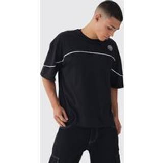 Mens Black Oversized Boxy Embroidered Piping T-Shirt