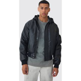 Mens Padded Hooded PU Bomber Jacket In Black