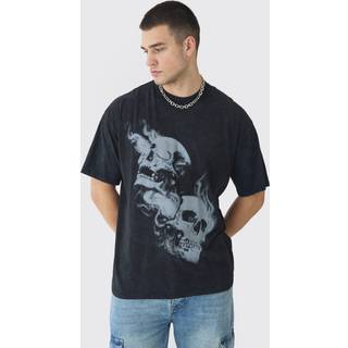 Mens Charcoal Tall Oversized Skull Acid Wash T-Shirt