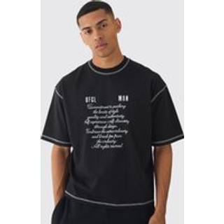 Mens Black Oversized Boxy Cross Applique Contrast Stitch Heavyweight T-Shirt