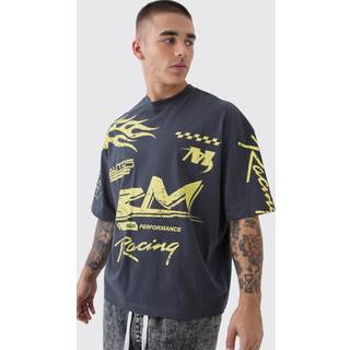 Mens Charcoal Oversized Boxy Moto Racing Flame T-Shirt