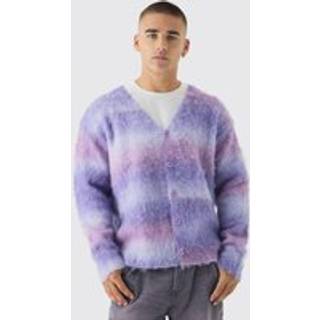 Mens Purple Oversized Boxy Brushed Ombre Stripe Knitted Cardigan