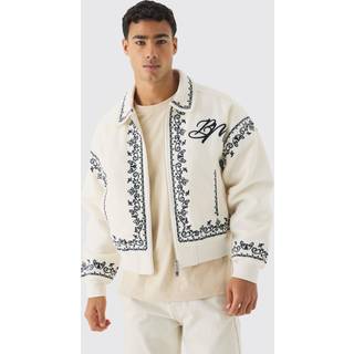 Mens Boxy Bm Embroidered Collared Bomber Jacket In Ecru