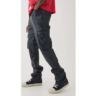 Mens Black Tall PU Cargo Stacked Flared Trousers