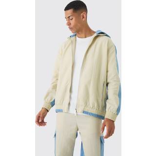 Mens Light Blue Crinkle Nylon And Denim Hooded Jacket