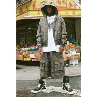 Mens Trippie Redd Relaxed Longline Washed PU Cargo Jorts In Grey