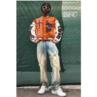 Mens Light Blue Slim Flared Patchwork Distressed Bleached Jeans