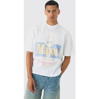 Mens White Oversized Boxy Washed Print Split Hem T-shirt