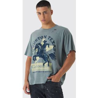 Mens Charcoal Oversized Distressed Western Print Washed T-Shirt