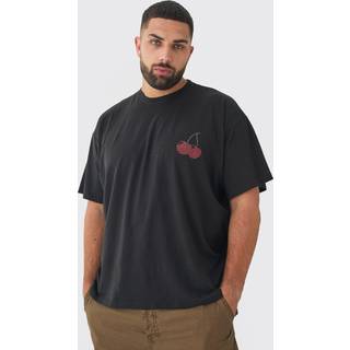 Mens Plus Oversized Cherry Rhinestone Printed T-Shirt In Black