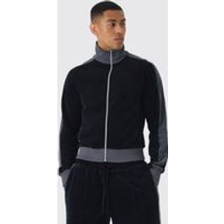 Mens Black Regular Fit Funnel Neck Velour Track Top