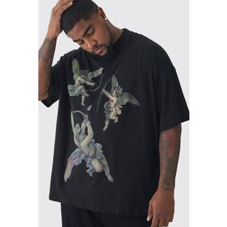 Mens Black Plus Oversized Extended Neck Cherub Print T-Shirt