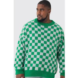 Mens Green Plus Fluffy Knit Checkered Sweatshirt