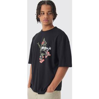 Mens Black Oversized Boxy Floral Puff Print T-Shirt