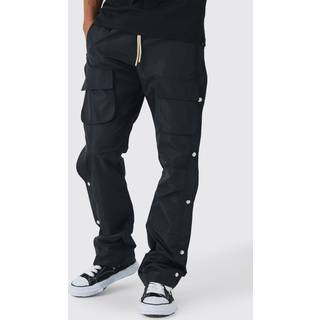 Mens Black Elasticated Waist Slim Flare Stacked Cargo Trousers