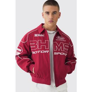 Mens Boxy Badge Twill Moto Jacket In Burgundy
