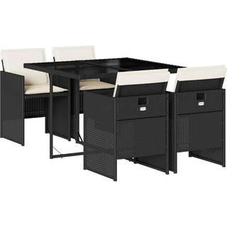 Spisebordssæt Til Haven 5 Dele Med Hynder Polyrattan Beige - 4 / Sort og cremefarvet / Glas