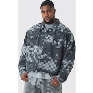 Mens Grey Plus Boxy Jacquard Check Denim Jacket