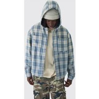 Mens Light Blue Oversized Padded Hooded Check Overshirt