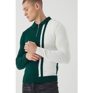 Mens Forest Long Sleeve Muscle Fit Colour Block Knit Polo