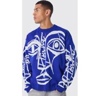 Mens Cobalt Oversized Boxy Abstract Line Face Knitted Jumper