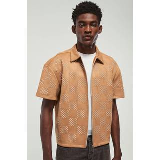 Mens Rust Oversized Boxy Studded Faux Suede Shirt
