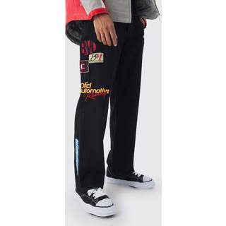 Mens True Black Relaxed Rigid Varsity Moto Denim Jeans