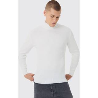 Mens Muscle Fit Ribbed Knit Roll Neck Jumper In White