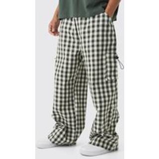 Mens Khaki Woven Check Parachute Cargo Trousers