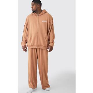 Mens Brown Plus Oversized Zip Applique Raw Seam & Wide Fit Jogger Tracksuit