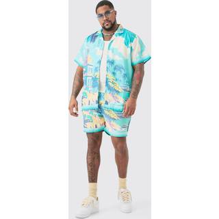 Mens Blue Plus Regular Landscape Print Shirt & Swim Short Set