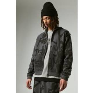 Mens Charcoal Oversized Boxy Graffiti Print Zip Through Loopback Hoodie