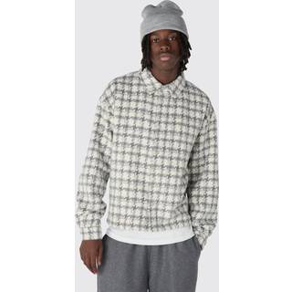 Mens Light Grey Heavyweight Oversized Boxy Brushed Houndstooth Overshirt