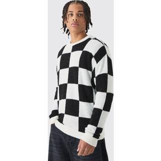 Mens Black Boucle Knit Checkered Crew Neck Jumper
