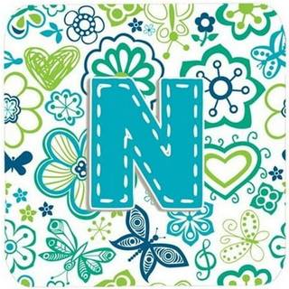 """" Caroline's Treasures CJ2006-NFC Letter N Blomster og sommerfugle Teal Blue Foam Coasters (Sæt på 4) 3.5 """" ""Multicolor"" ""