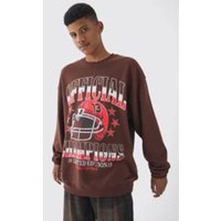 Mens Tall Official Champions Print Washed Oversized Sweatshirt in Chocolate