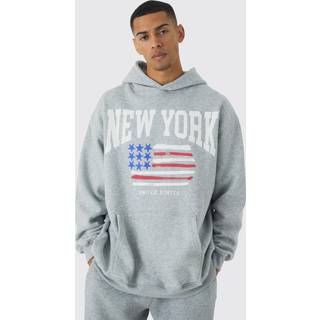 Mens Plus New York Print Oversized Hoodie in Grey