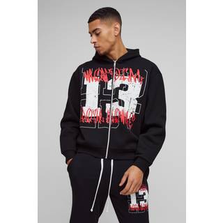 Mens Black Oversized Boxy Graffiti 13 Varsity Zip Through Hoodie