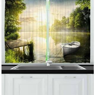 Ambesonne Nature Kitchen Curtains Boat by the Foggy Lake Deck Dreamy Forest in the Morning Country Style Image Window Drapes 2 Panel Set to Kitch