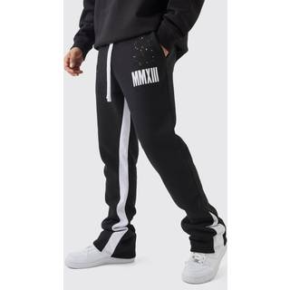 Mens Black Slim Flared Stacked Fit Man Paint Splatter Flared Joggers