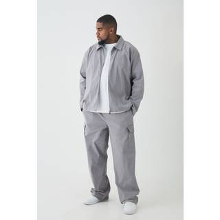 Mens Plus Bengaline Zip Through Shirt and Trouser Set in Grey Marl