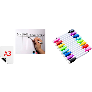 Magnetisk Whiteboard A3 med 2 tusser og Whiteboard Tusser, 8-Pak Magnetiske