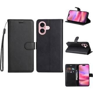 iPhone 16 lædercover med kortholder og stander - sort