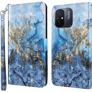 Xiaomi Redmi 12C 4G Flip Cover med kortholder, stand, hank - Blå og Guld