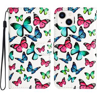 iPhone 15 Plus Flip Cover med Sommerfugle i Læder